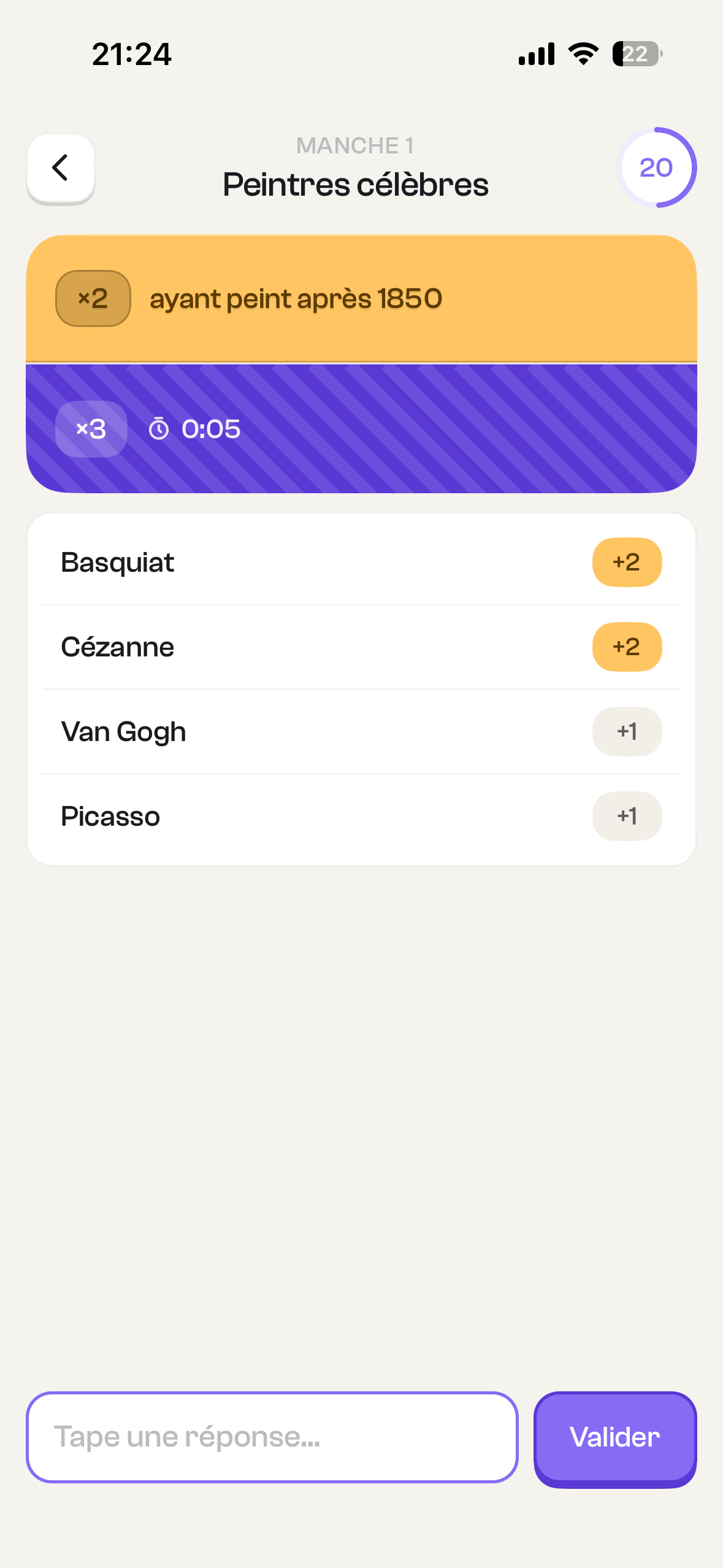 Une manche de quiz en cours avec les combos x1, x2 et x3
