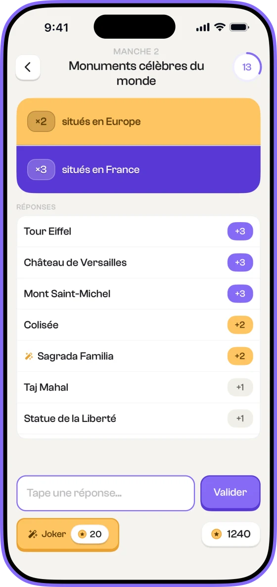 Une manche en cours sur les monuments célèbres, avec les combos x2 et x3 débloqués