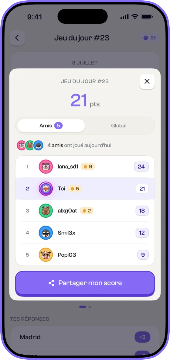 Le classement du jeu du jour entre amis, avec les scores et les séries
