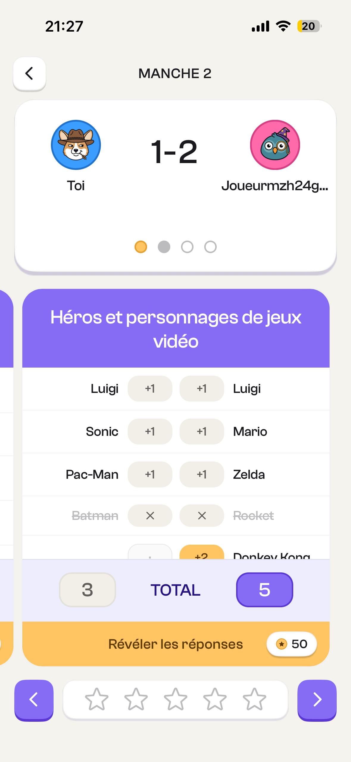 Le récap d'une manche, scores comparés entre les deux joueurs